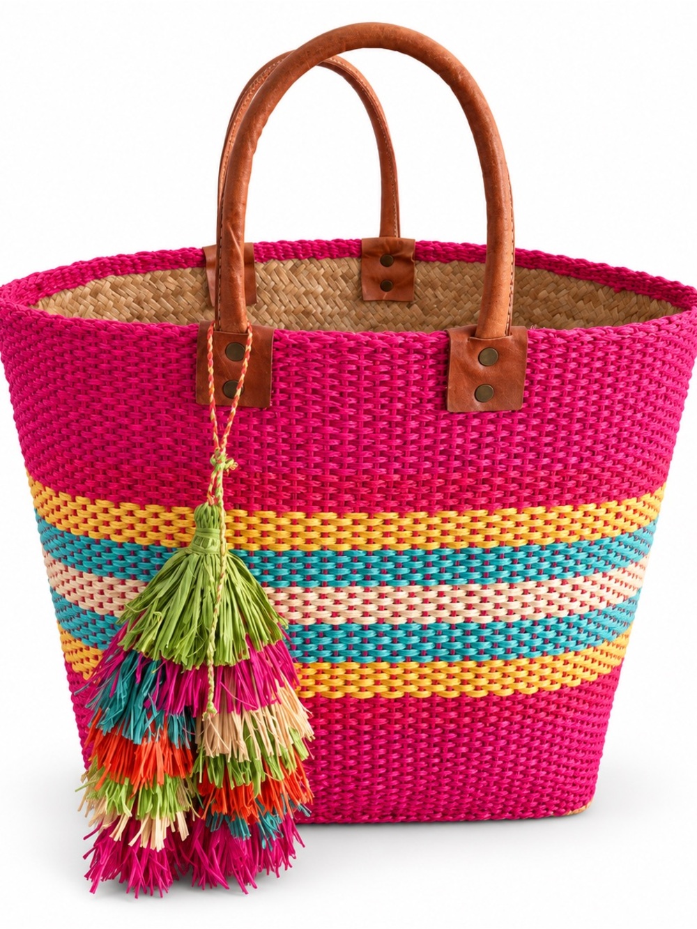 Mar y sol Woven Pink Stripe Tote Bag with Leather Handles